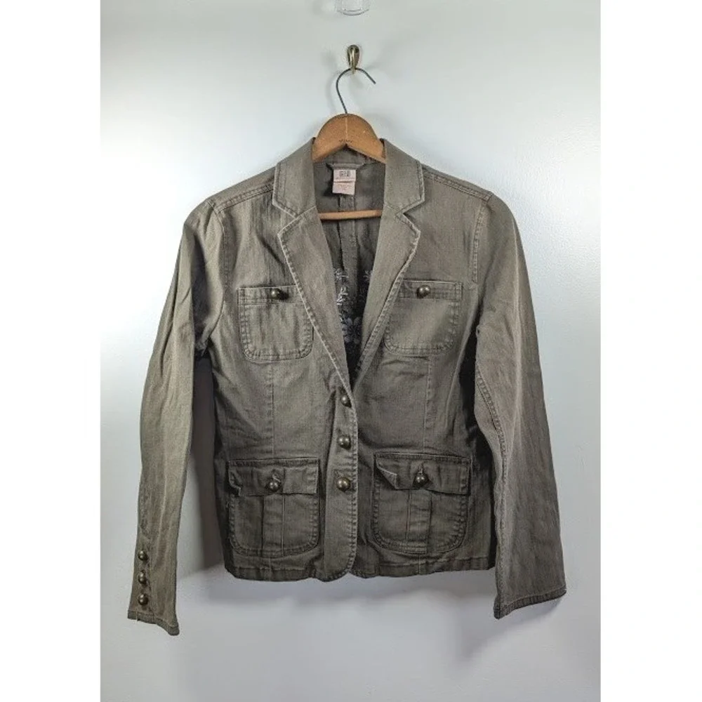 Y2K Faded Glory Jacket Womens Size 14 Studded Embroidered Military Utility Cargo